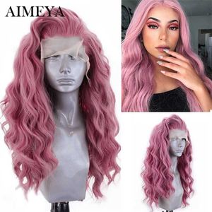 여성용 고온 파이버 레이스 가발 핑크 헤어 합성 레이스 전면 가발 긴 머리 파동 가발 난방 코스프레 230524