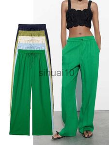 Women's Pants Capris TRAF Women Chic Side Pockets Loose Wide Leg Pants Vintage High Elastic Waist Drawstring Female Trousers Mujer J230705