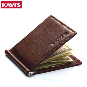 KAVIS Slim Brand Herr Kvinnor Äkta Läder Bifold Herrväska Billfold Plånbok Money Clip Kvinnlig Clamp for Money Case