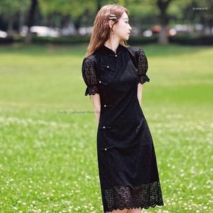 Этническая одежда в китайском стиле традиционное платье Cheongsam Женщины Элегантные черные Qipao Stand Up воротниц винтажный тонкий кружев