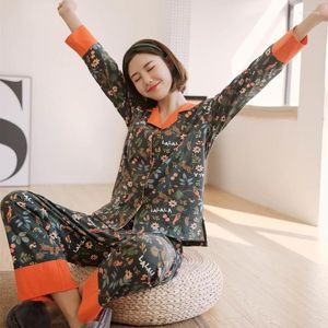 Roupa de dormir feminina primavera pijama de manga comprida de algodão estampado de flores conjunto de pijama casual cardigã pijama mujer moda roupas para casa