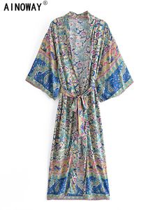 Mayo Vintage Chic Women Çiçek Baskı Kılıf Plajı Bohemian Kimono Happie Elbise Bayanlar V Boyun Yaz Boho Robe Coverup