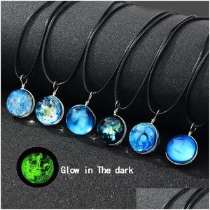 Pendant Necklaces New Glow In The Dark Galaxy Universe Luminous Glass Cabochon Star Moon Black Wax Rope Chain For Women Men Fashion Dhk3U