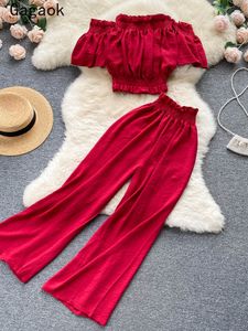 Women s Two Piece Pants Gagaok Women Set Summer Office Lady Fashion Sexy Outfits Puff Sleeve Strapless Tops Solid Wild 230704