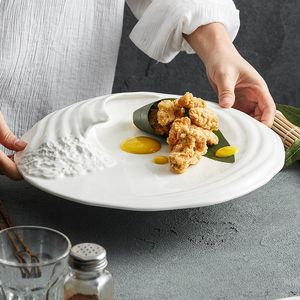 Custom Ceramic White Dinner Plates Rock Sea Wave Rim Porcelain Irregular Restaurant Serving Plates and Dishes