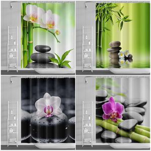Curtains Zen Green Bamboo Shower Curtain White Purple Orchid Flower Plants Black Massage Stone Spa Nature Scenery Bathroom Decor Curtains