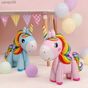 Taoup Happy Birthday Unicorn Balloons Figure Stand Cute Unicorn Foil Ballons Accesssories Unicornio Horns Baby Shower Favors L230626