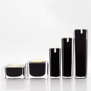 30/50/100ml Square Black Acrylic Lotion Pump Cosmetic Bottles Luxury Skin Care 15/30/50g Cream Jar Makeup Avoid Light Container Pot F02 Nnxw