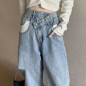 2023 Vintage asymmetrisk midja hål raka jeans dam lösa jeansbyxor Casual byxor med vida ben Streetwear mamma