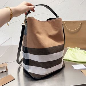 canvas Bucket Bag Drawstring Crossbody Bags Women check Handbags Purse Removable Wide Strap Fashion Letters Silver Hardware Small Tote Wallet 20cm
