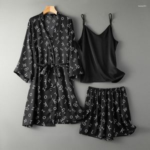 Dam Nattkläder Dam 3 delar Satin Silke Black Robe Sling Top and Shorts Pyjamas Set