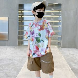 Jerseys Kids Boy Casual Outfits Children s Flowers T Shirt Short Sleeve Shorts Two Pieces Clothes Korean Summer Toddler Teens Costumes 230704