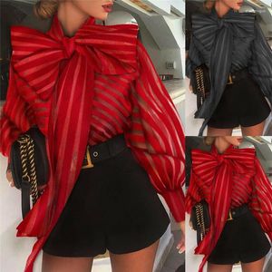 Women's Blouses Womens Tops Casual Shirt Mesh Long Sleeve Lantern Big Bow Striped Formal Blouse Shirts Office Lady