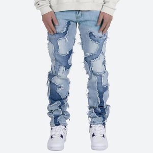 Męskie dżinsy High Street Vibe Style Patchwork postrzępione dżinsy spodnie dla mężczyzn Retro sprane dziury zgrywanie dorywczo luźne spodnie jeansowe ponadgabarytowe 230704