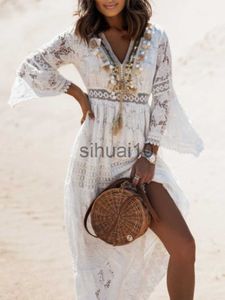 Sukienki na co dzień Boho długa sukienka kobiety letnia koronka V Neck Flare rękaw seksowna sukienka Maxi Lady przyjęcie świąteczne suknie ślubne na plaży Vestidos De Mujer J230705