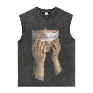 Herr t-shirts herrar t shirts 2023 hiphop stekt gata mörk tvättade porträtt basket maistcoat herr mode märke lös ärmlös t-shirt