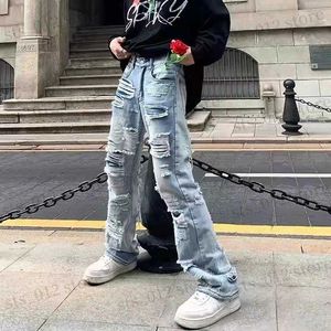 Męskie dżinsy z dziurami Retro sprane męskie dżinsy Streetwear Distressed Casual Workowate spodnie dżinsowe Harajuku Prosty styl Vibe Luźne spodnie T230705