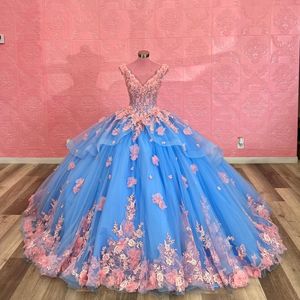 Sky Blue Sexy V-Neck Tull Princess Prom Party Dresses Quinceanera Dress 3DFlowers Ball Gown Sweet 15 16 Dress For Girls