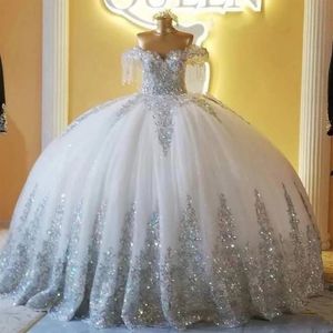 Shiny Silver Sequin Applique Lace Beading Prom Dress Quinceanera Dress Off Shoulder Fringe Sweet 15 16 Year Old Party Dress