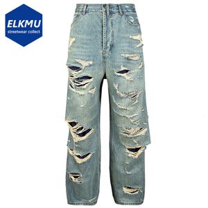 Мужские джинсы хип -хоп разорванные джинсы расстроенные двойные двойные джинсовые брюки мужская модная уличная одежда Хараджуку Голубые джинсы 230704