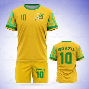 Autres articles de sport Jumeast Brazil Football Jersey Pattern T-shirt Set Flag Print Shorts Jaune Mesh Sports Ball Vêtements Équipe Uniforme 230705
