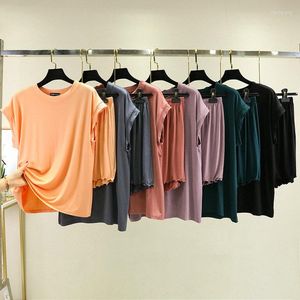 女性のパジャマモーダル綿夏薄い緩いホームセットボトム Tシャツトップスとショートパンツツーピースパジャマ服