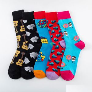 Männer Socken Mode Käse Gitarre Zauberwürfel Muster Neuheit Crew Herren Lustige Kreative Casual Baumwolle Colorf Für Männliche Drop Del Dh2Oq