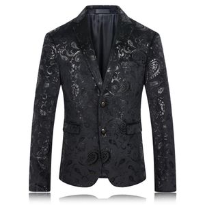 Blazer preto inteiro masculino paisley padrão floral terno de casamento jaqueta slim fit trajes elegantes roupas de palco para cantor masculino blazer335q