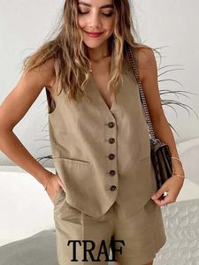 Women s Tracksuits TRAF 2023 Summer 2 Pieces Set Fashion Linen Blend Slim Fit Sleeveless Suit Vest High Waists Shorts Causal 230704