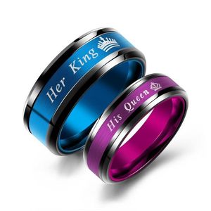 Banda Anéis Moda Seu Rei E Sua Rainha Casais Coroa De Aço Inoxidável Azul Roxo Anel De Dedo Para Mulheres Homens Jóias Dia Dos Namorados Dhnrb