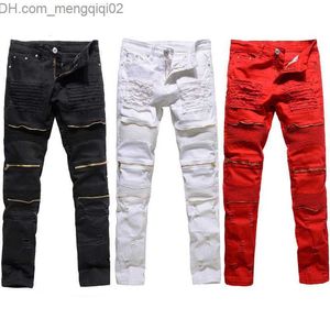 Mannen Jeans Trendy Mens Destroyed Ripped Jeans Zwart Wit Rood Mode College Jongens Skinny Runway Rechte Rits Denim Broek Jean Z230711