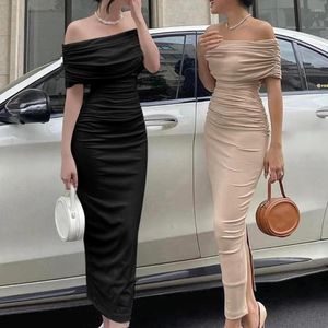 Omuzdan gündelik elbiseler kadınlar için maxi 2023 moda katı pileli vücutcon elbise uzun kollu zarif parti akşam