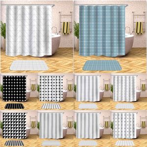 Cross-Stitch Simple Line Plaid Bath Bathtub Decoration Screen Black and White Shower Curtain Waterproof Fabric Bathroom Curtain Anti Slip Mat