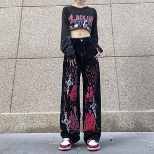 Jeans High Street -karaktärer Skriv ut Loose Straight Washed Jeans Women Casual Pants Women's Y2K Style Ins Hiphop Dark 2022