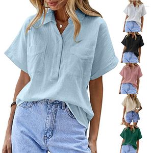 Kvinnors blusar Summer Shirt Kort ärm Solid Double Pocket Pullover Löst bomullslinne Kvinna Elegant Top Luckbn