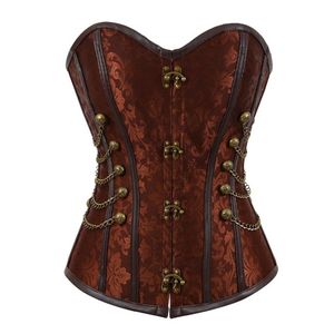 Kobiety w stylu Vintage Steampunk Gothic panele ze skóry PU żakardowy gorset pod biust Top z łańcuszkami i guzikami akcent S-6XL Plus rozmiar brązowy289I