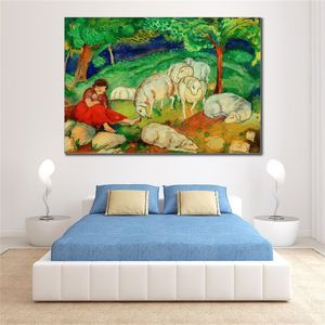 Hirtin Mit Schafen Franz Marc Large Handmade Abstract Oil Painting on Canvas with Textured for Living Room Wall Art