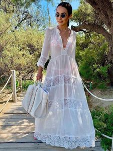 Örtbas 2023 mayo örtbasları seksi vneck yaz plaj elbisesi beyaz dantel tunik kadın