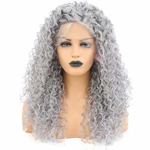 SLIVER GRÅ SOME FRONT PERUM CULLLY SYNTETISKA PERIGSER Billiga peruk PREPLUCKED Naturligt hår Glueless för svarta kvinnor Cosplay Wig 230524