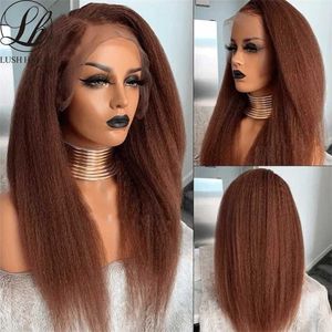 Reddish Brown 13x4 Lace Front Wig Kinky Straight Wigs 180% Density Yaki Wigs Synthetic Heat Resistant Afro Wigs For Women 230524