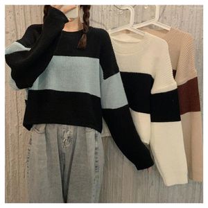 Women's Sweaters Autumn Spring O Neck Pullover Sweater Womens Knitted Loose Short Jumper Striped Crop Tops Fall Long Sleeve