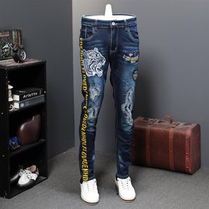 Herbst Löcher Patch Jeans Männlichen Elastische Tiger Kopf Freizeit Flut Marke Designer Jeans Lange Hosen Stickerei Druck Flut MX20081583