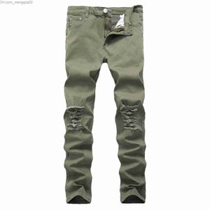 Męskie jeansy motocyklowe high street hip hop dżinsy z dziurami zniszczone jeansy męskie szczupłe męskie Biker stretch Demin spodnie zieleń wojskowa rozmiar 42 Z230706