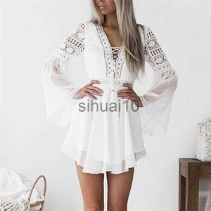 Casual Dresses Hollow Out White Dress Sexy Women Mini Chiffon Semi-Sheer Checkered Dress Plunge V-Neck Long Sleeve Crochet Lace Dress Black J230705