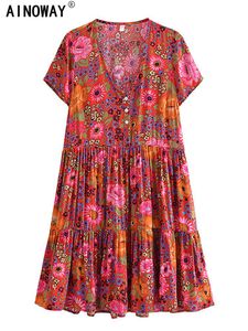 spódnica vintage elegancka kobiety z krótkim rękawem kwiatowy nadruk moda plaża bohemijska mini sukienka panie vneck letnie rayon bawełniane sukienki boho