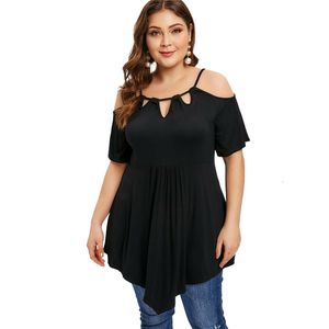 Damska koszulka plus size luźna damska tunika topy odzież uliczna Off Shoulder Hollow Out nieregularne obszycie koszulki odzież damska duża 3XL 4XL 5XL 230705