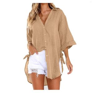 Women's Blouses 2023 Spring Autumn Women Shirts Long Sleeve Loose Oversized Female Lace-up Button Lapel Tops Side Knotted Blusas