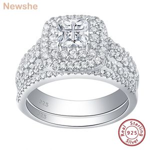 Con pietre laterali lei 925 Sterling Silver Halo Wedding Ring Set per le donne Gioielli eleganti Princess Cross Cut AAAAA CZ Anelli di fidanzamento 230704