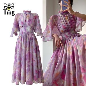 Temel Sıradan Elbiseler Tingfly Yaz Moda Çırpı Çiçek Şifon Açık Kravat Yüksek Bel Şık Elbise Vestido Frocks Lady 230705