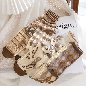 Women Socks Glass Silk Summer Cotton Breathable Cute Cartoon Ultra-thin Transparent Girl Fashion Middle Tube